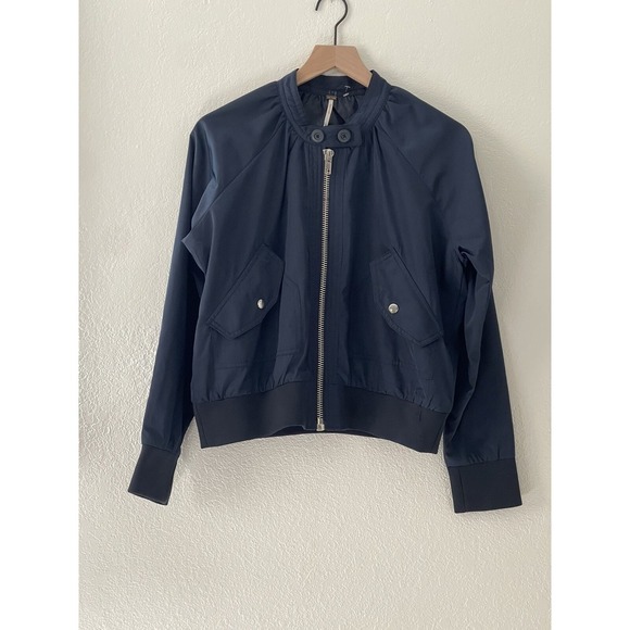 Free People Satin Navy Bomber Jacket Size Small - Picture 2 of 7